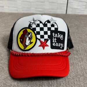 Upcycled Red, White & Black Trucker Hat 
Buc-ee’s, Take It Easy, Heart Patches